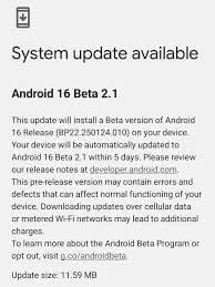 Android 16 Beta 2.1